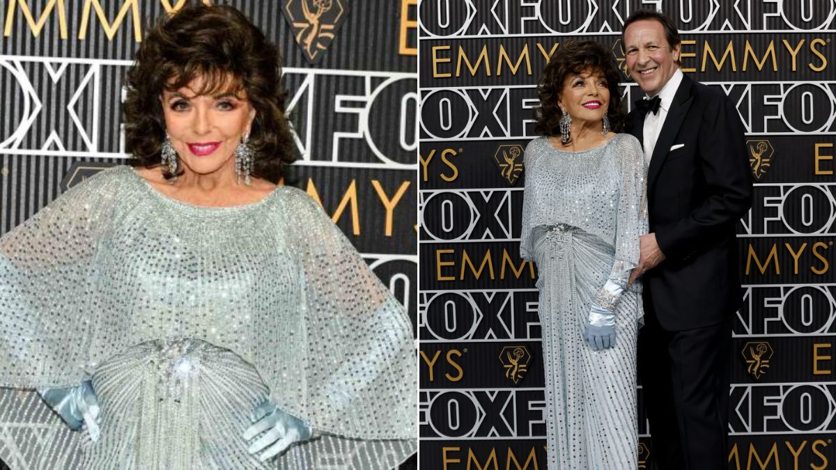 Joan Collins, 75th Emmy Awards, Red Carpet, Percy Gibson, Jenny Packham, Sequins, Timeless Beauty, Emmy Presenter,