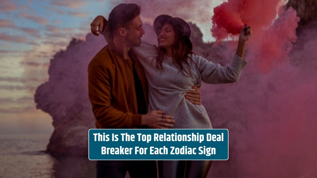 A young man embraces a woman amid pink smoke on the sea shore, symbolizing the top relationship deal breaker for each zodiac sign.