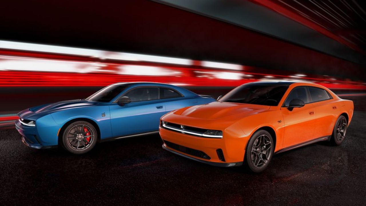 Dodge charger in orange and blue color in red background