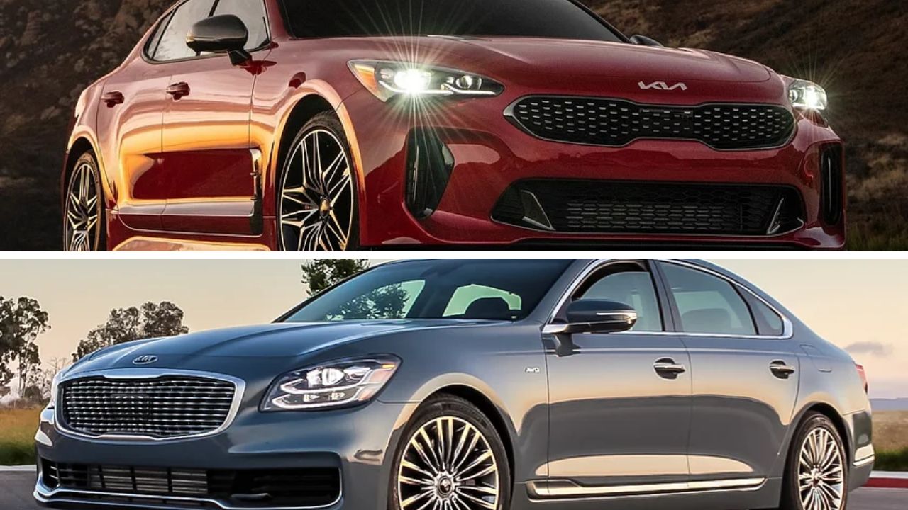 image of Two car , one is Kia Stinger and another is Kia K900 , both are in different colour