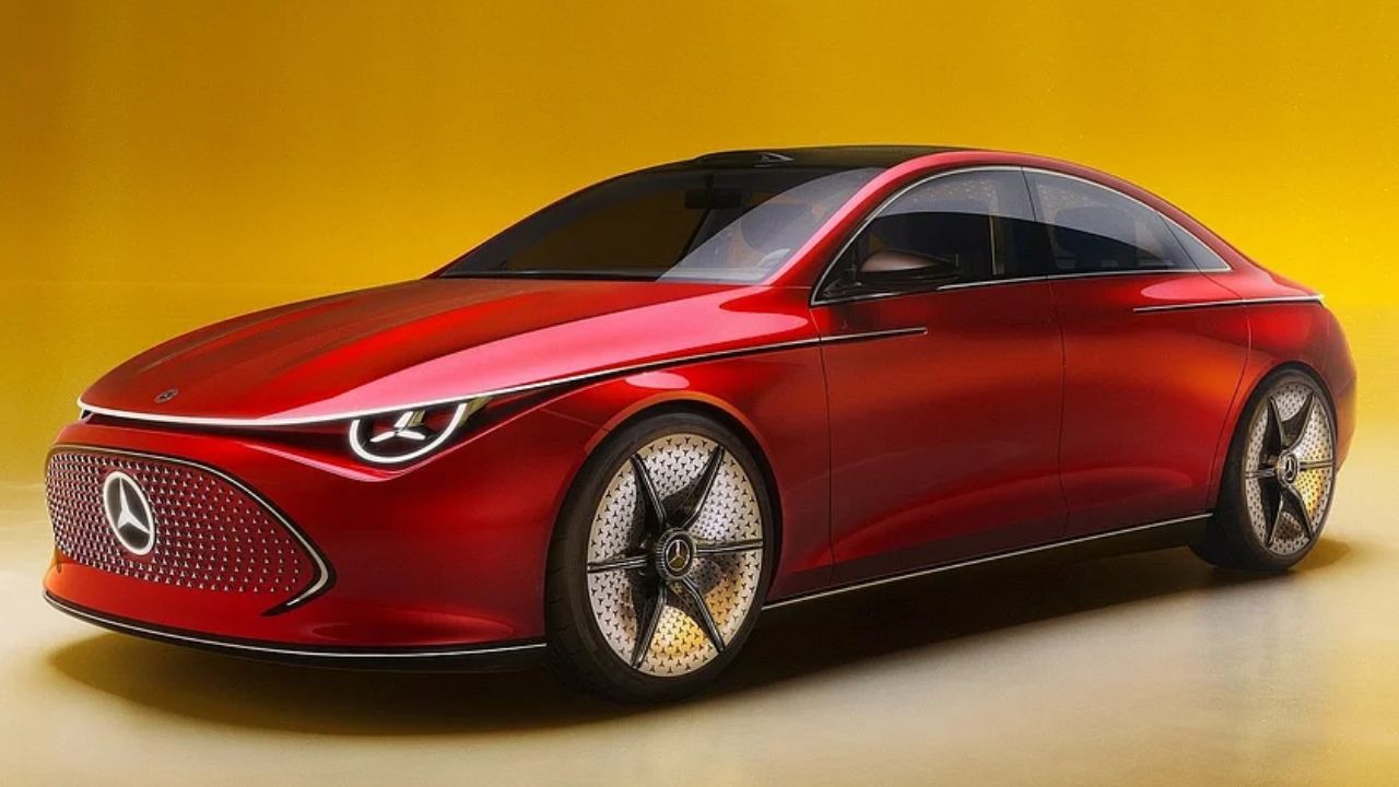 A image of red colour Mercedes-Benz's EV With yellow bakground