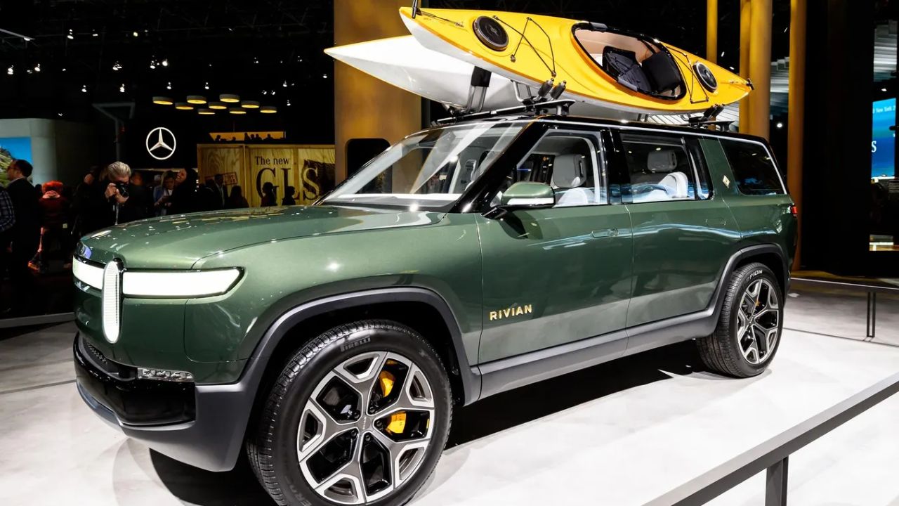 A image of Rivian's R2 SUV in a showcase event