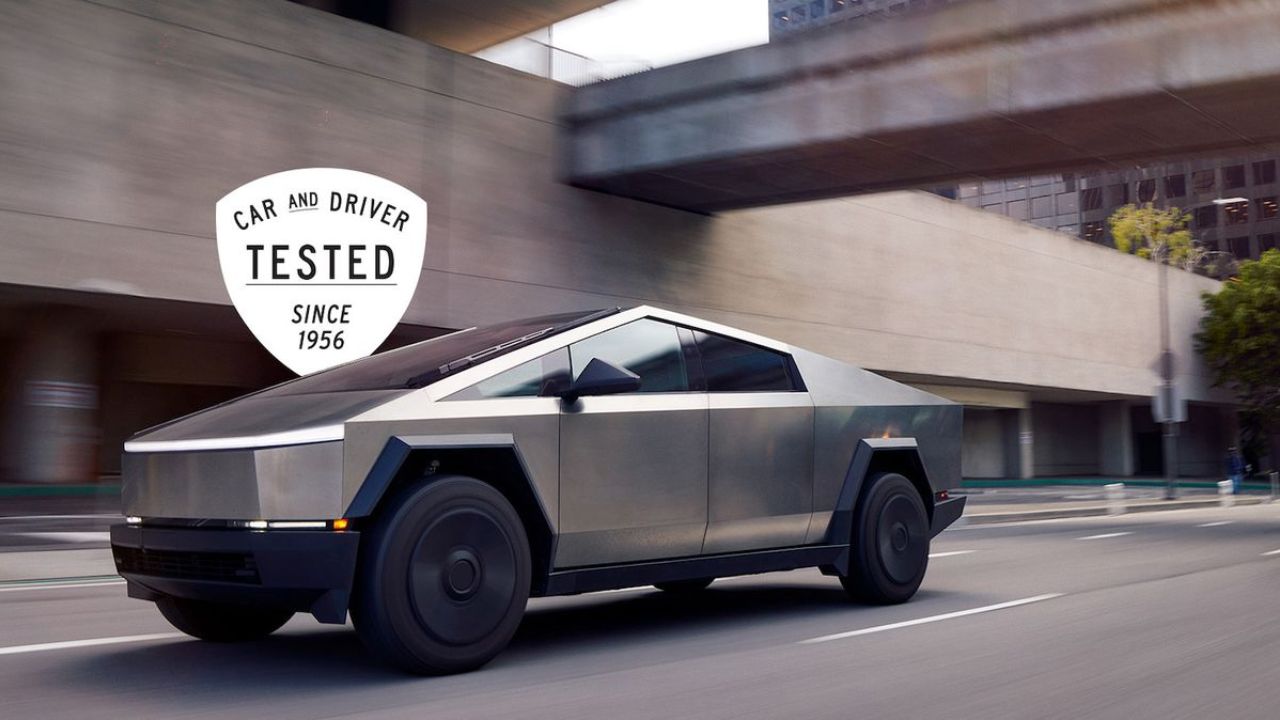 Tesla Cybertruck on road in silver coloe